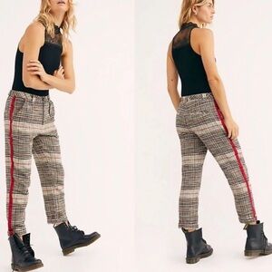 FREE PEOPLE Good Vibes Plaid Straight-Leg Pants w Red Side Stripe
